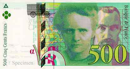 Historical 500 French Francs with Marie and Pierre Curie